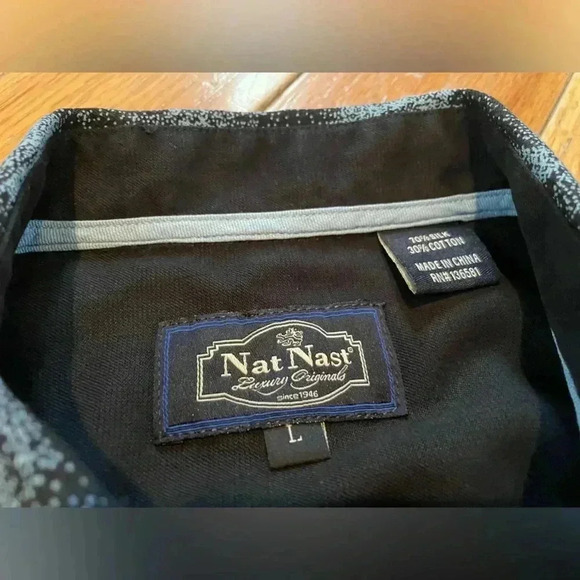 Nat Nast Blue Silk Blend Button Up Short Sleeve Palm Hawaiian Shirt Men’s Size L - Picture 4 of 12